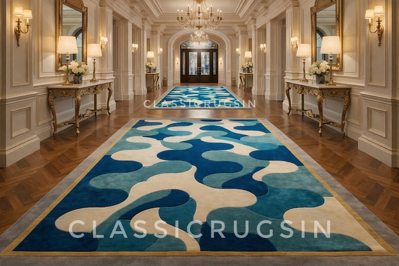 Blue Abstract Hand Tufted Wool Area Rug Mid Century Modern Luxury Large ...