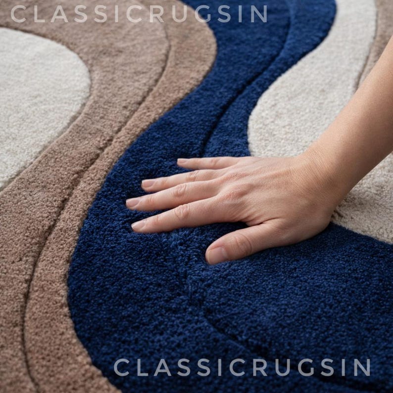 Modern Wave Abstract Rug Blue Cream Tan Hand Tufted Wool Rug Large Area ...