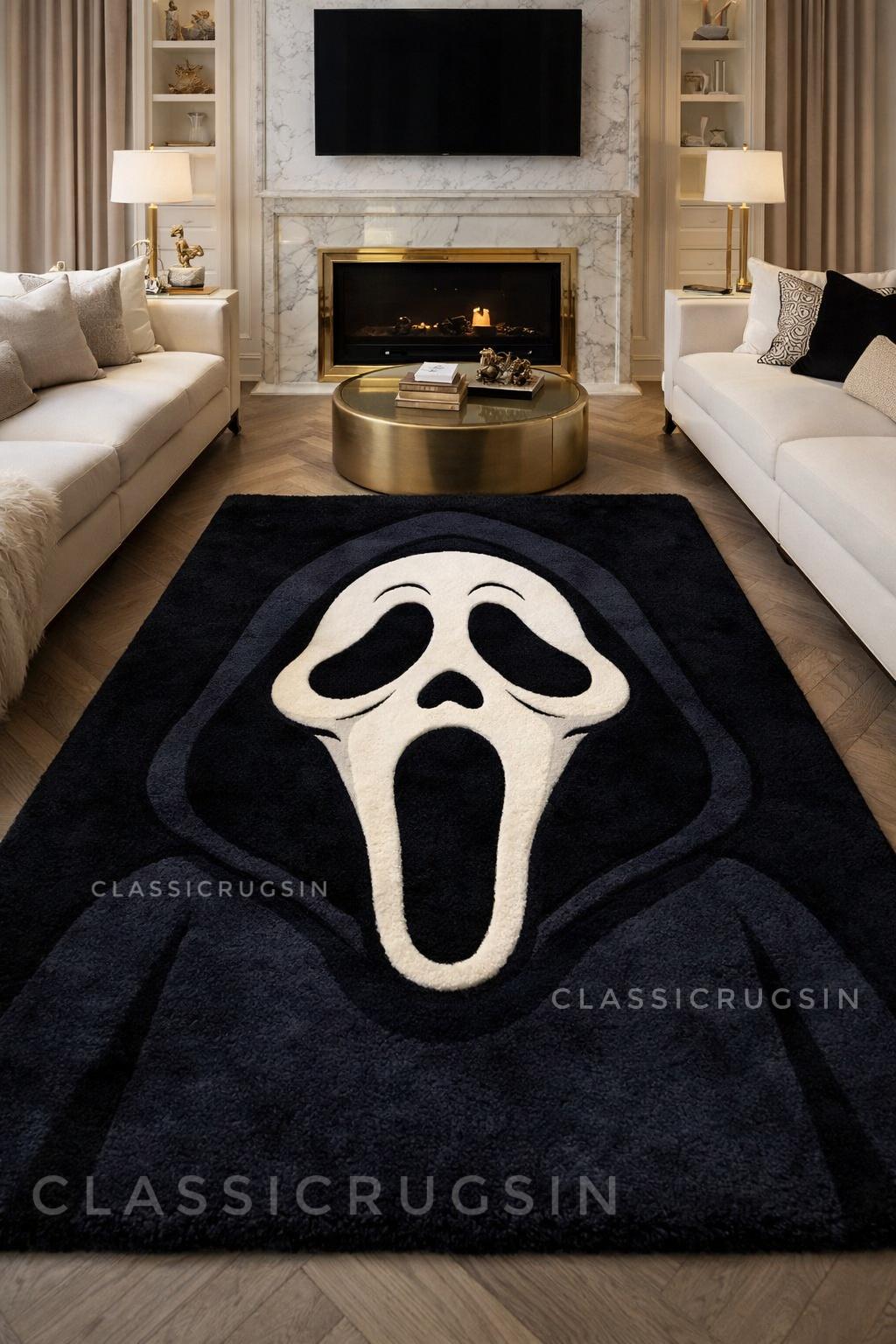 Horror Tuft Rug Ghostface Scream Rug Hand Tufted Wool Area Rug Black & White Gothic ...