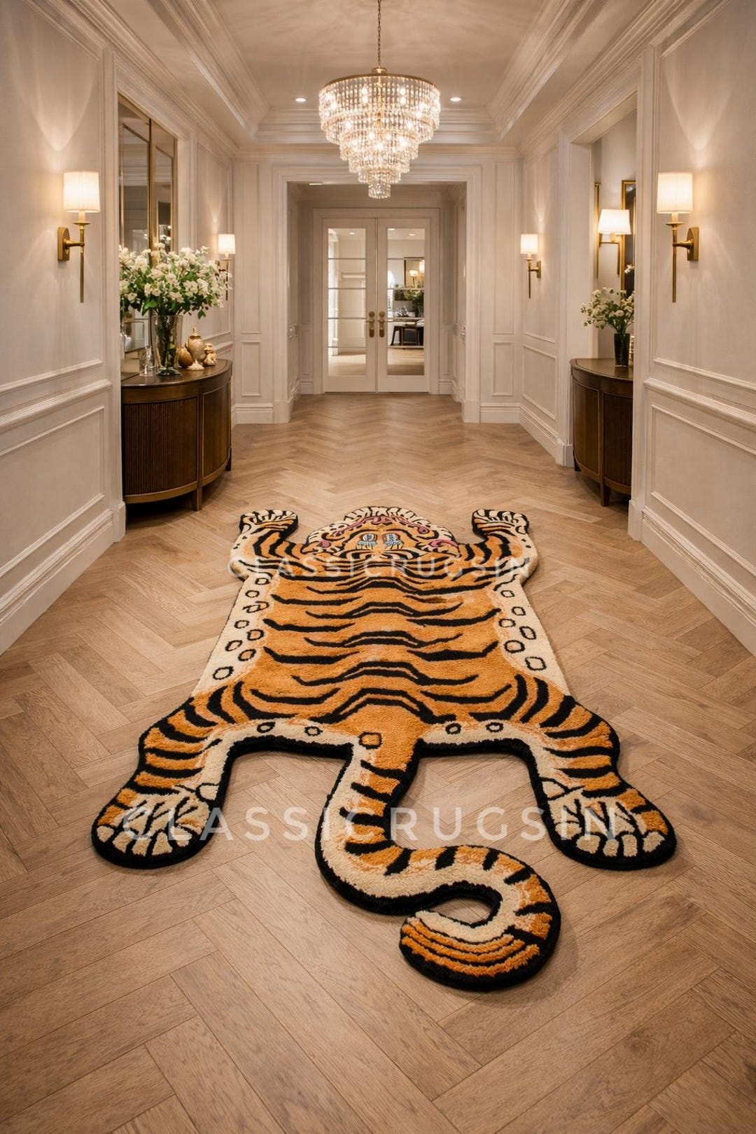 Tibetan Tiger Rug Hand Tufted Wool Area Rug Brown Orange Exotic