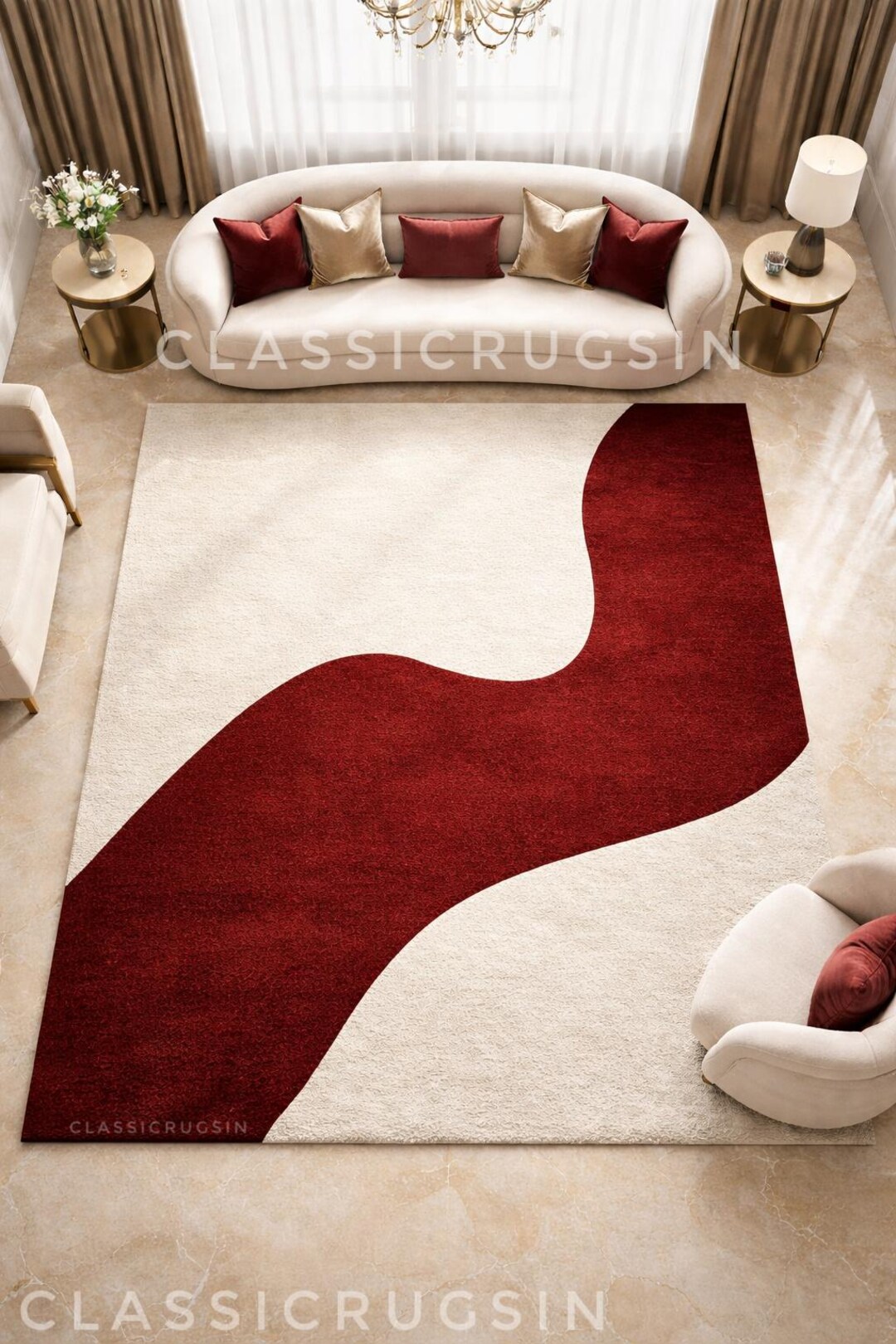 Red Wavy Rug Red Wavy Rug Modern Hand Tufted Wool Rug White Area Rug Mid Century ...