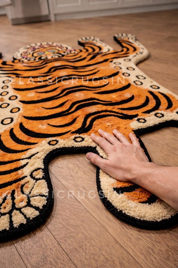 Tibetan Tiger Rug Hand Tufted Wool Area Rug Brown Orange Exotic