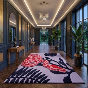 Op de afbeelding: Een rechthoekig vloerkleed met een groot, gestileerd rood en roze slangenmotief op een lichtpaarse achtergrond, geaccentueerd met donker marineblauwe tropische bladpatronen, geplaatst op een visgraat houten vloer in een hal.