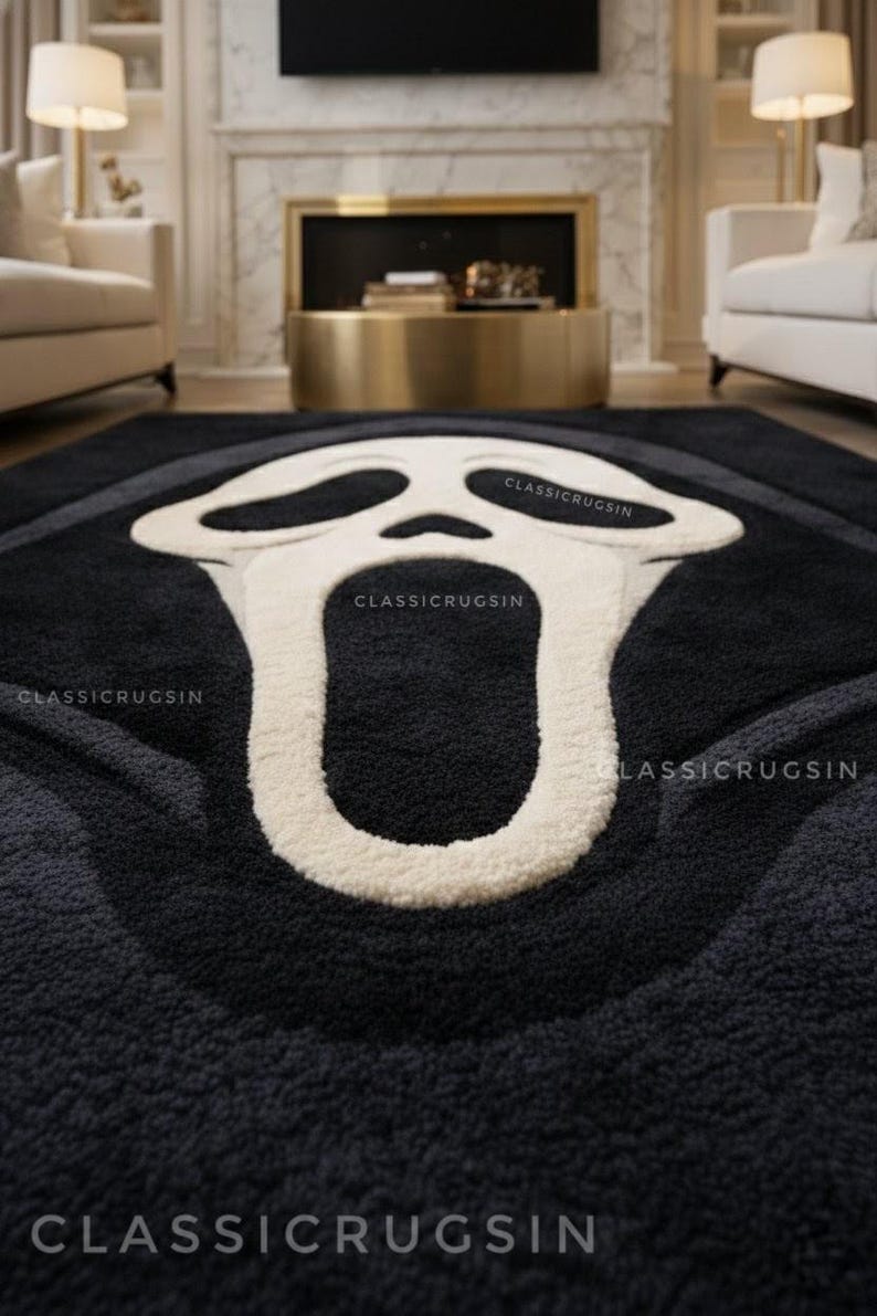 Horror Tuft Rug Ghostface Scream Rug Hand Tufted Wool Area Rug Black & White Gothic ...