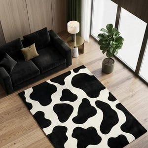 Cow Print Wool Rug Cowhide Pattern Area Rug Tufted Black White Custom Carpet Modern Aesthetic Luxury Living Room Decor 8x10 9x12 5x7 6x9