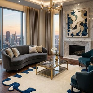 Abstract Irregular Area Rug Modern Hand Tufted Blue Ivory Fluid Wavy Shape Wool Carpet Plush Living Room Decor Custom 8x10 9x12 10x14 Size