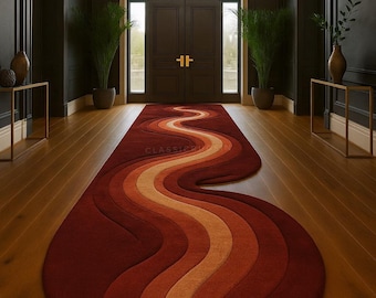 Hand Tufted Wool Rug: Wavy Retro Abstract Runner, Burnt Orange Mid Century Modern