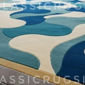 Blue Abstract Hand Tufted Wool Area Rug Mid Century Modern Luxury Large ...
