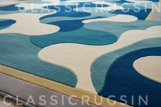 Blue Abstract Hand Tufted Wool Area Rug Mid Century Modern Luxury Large ...