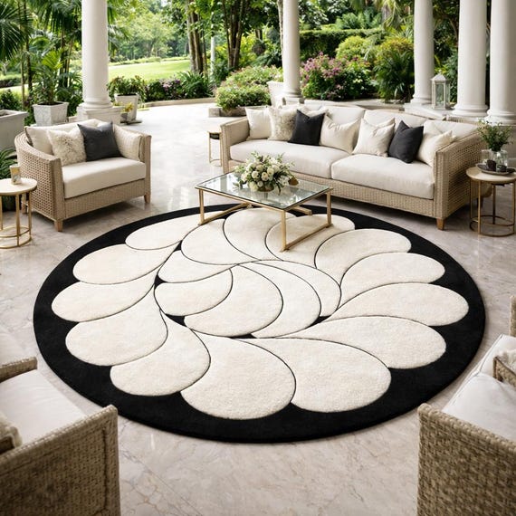 Large Round Wool Rug 8x8 10x10 Black White Floral Hand Tufted Carpet Modern Petal Pattern Area Rug Luxury Plush New Zealand Wool Custom Size