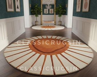 Handgetufteter Sunburst Runder Teppich - Terrakotta & Elfenbein Mid Century Moderner Kreis Teppich - Boho Sonnenteppich für Kinderzimmer, Wohnzimmer, Schlafzimmer Dekor