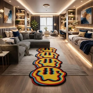 Trippy Smiley Face Rug Melting Pop Art Hand Tufted Wool Carpet Colorful Aesthetic Runner Rug for Bedroom Living Room Custom Size 8x10 9x12