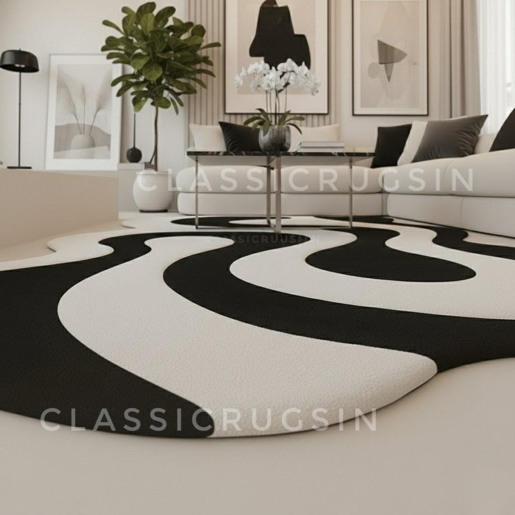 Hand Tufted Wool Rug Black and White Wavy Area Rug Irregular Shape ...