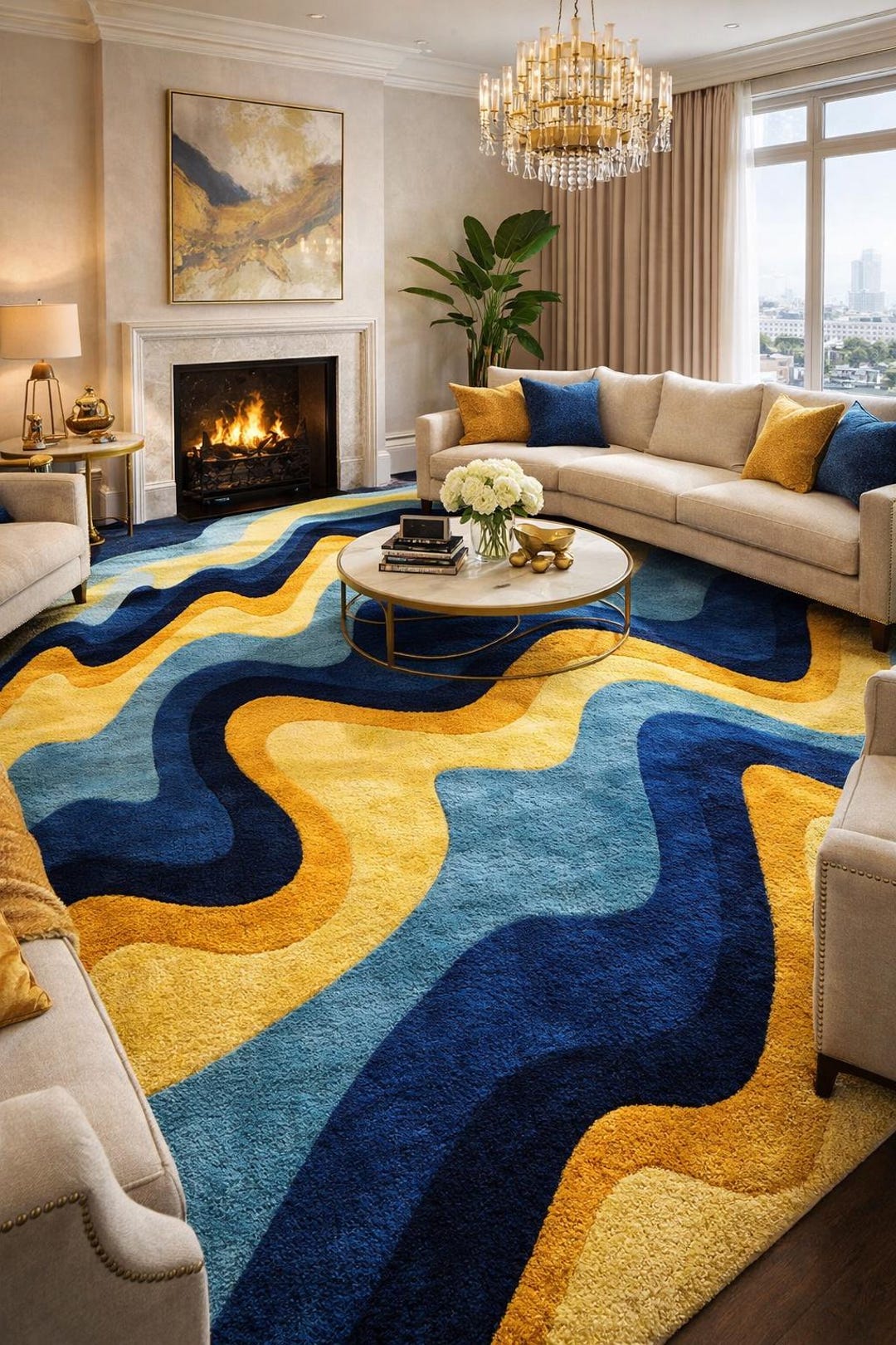 Blue and Gold Wave Rug Hand Tufted Wool Carpet Mid Century Modern ...
