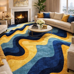 Blue and Gold Wave Rug Hand Tufted Wool Carpet Mid Century Modern Abstract Area Rug Large Living Room Rug Custom Size 8x10 9x12 10x14 12x15