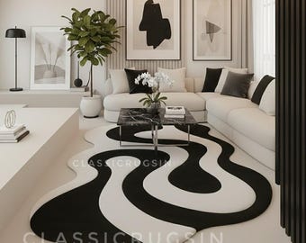 Hand Tufted Wool Rug Black and White Wavy Area Rug Irregular Shape Abstract Rug Modern Living Room Decor Custom Size 5x8 6x9 8x10 9x12 Rug
