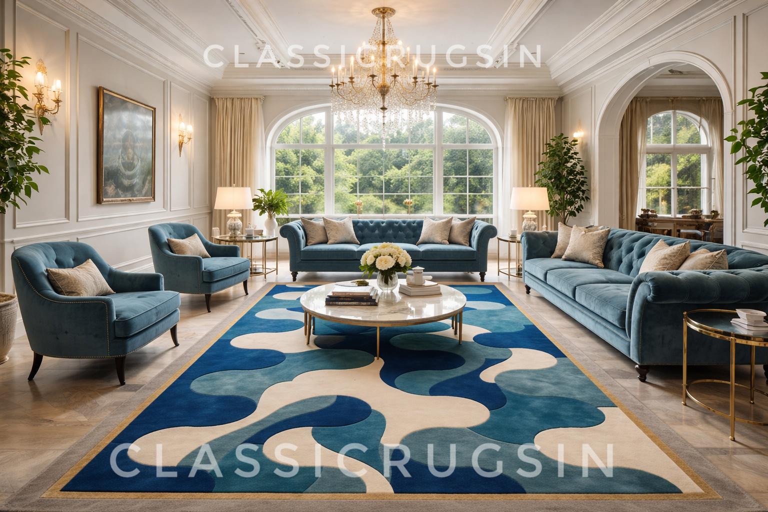 Blue Abstract Hand Tufted Wool Area Rug Mid Century Modern Luxury Large ...