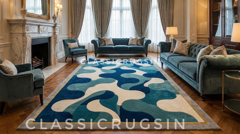 Blue Abstract Hand Tufted Wool Area Rug Mid Century Modern Luxury Large ...