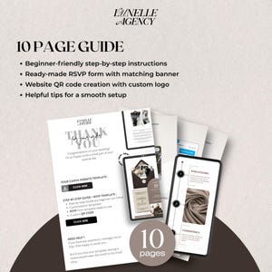 Peut inclure: Un guide num&eacute;rique avec le texte "10 PAGE GUIDE" et des puces d&eacute;taillant les instructions pour d&eacute;butants, les formulaires RSVP et la cr&eacute;ation de codes QR. Le guide comprend des maquettes de smartphones et une carte de remerciement. Le guide fait 10 pages.