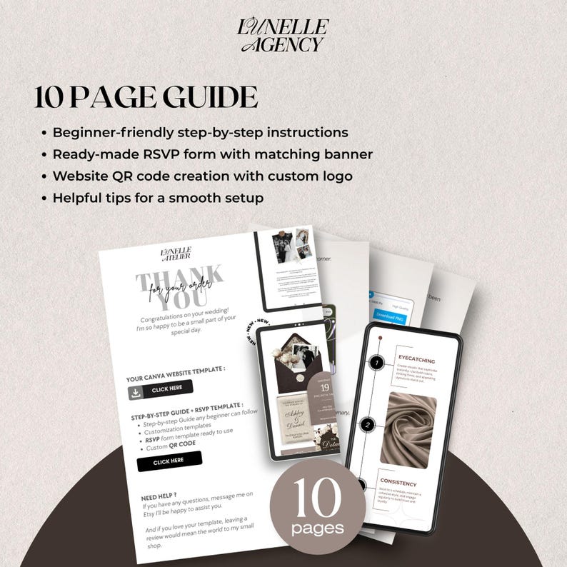 Peut inclure: Un guide num&eacute;rique avec le texte "10 PAGE GUIDE" et des puces d&eacute;taillant les instructions pour d&eacute;butants, les formulaires RSVP et la cr&eacute;ation de codes QR. Le guide comprend des maquettes de smartphones et une carte de remerciement. Le guide fait 10 pages.