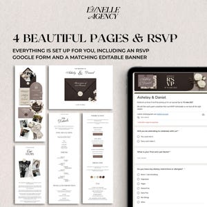 Peut inclure: Une suite de faire-part de mariage num&eacute;rique avec quatre pages et un formulaire RSVP. La conception comprend une enveloppe marron fonc&eacute; avec une fleur blanche et une tablette num&eacute;rique affichant le formulaire RSVP. Le texte dit "4 Beautiful Pages & RSVP."