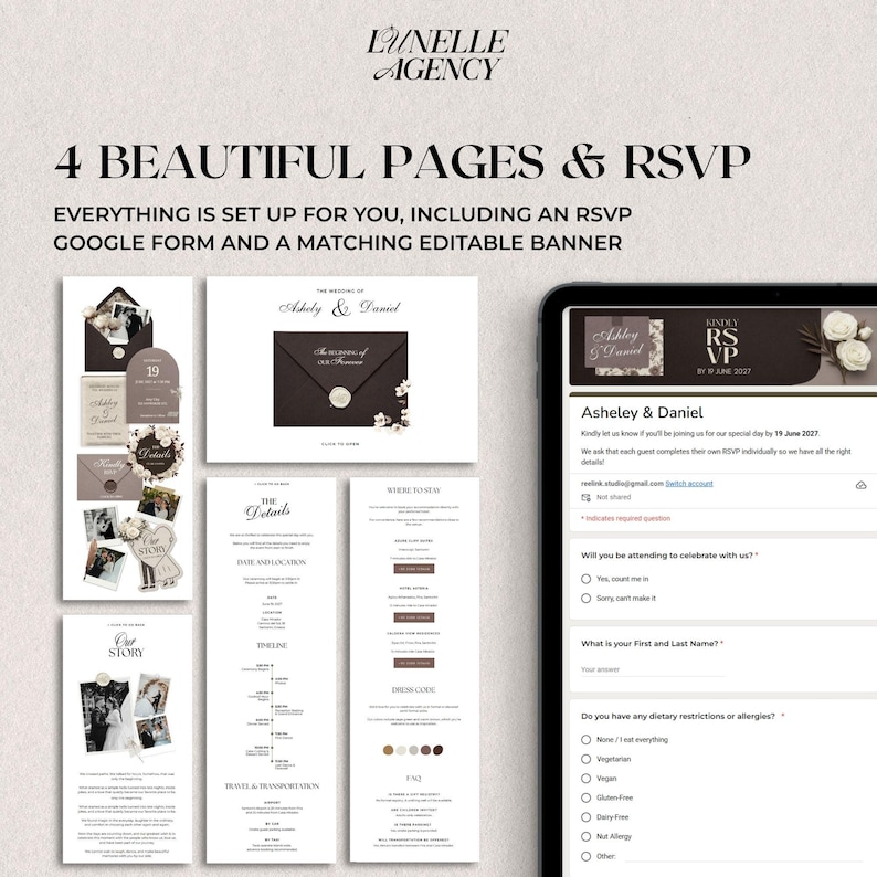 Peut inclure: Une suite de faire-part de mariage num&eacute;rique avec quatre pages et un formulaire RSVP. La conception comprend une enveloppe marron fonc&eacute; avec une fleur blanche et une tablette num&eacute;rique affichant le formulaire RSVP. Le texte dit "4 Beautiful Pages & RSVP."