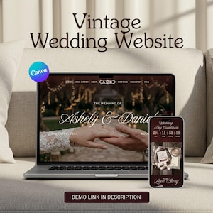 Op de afbeelding: Een laptop en smartphone met een ontwerp voor een trouwwebsite. Het laptopscherm toont een trouwfoto met de namen "Ashely & Daniel" en de datum "10 juni 20XX". De smartphone toont een aftelling voor de trouwdag.