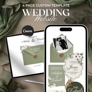Op de afbeelding: Een digitale trouwwebsite-sjabloon weergegeven op een tablet en smartphone. Het ontwerp heeft een saliegroene kleurstelling met bloemaccenten en de namen "Ashely & Daniel". De tekst "4 PAGE CUSTOM TEMPLATE" en "WEDDING Website" zijn ook zichtbaar.