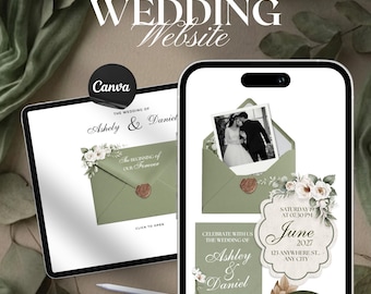 May include: A digital wedding website template displayed on a tablet and smartphone. The design features a sage green color scheme with floral accents and the names "Ashely & Daniel." The text "4 PAGE CUSTOM TEMPLATE" and "WEDDING Website" are also visible.