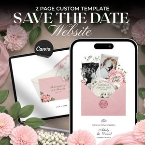 Może przedstawiać: Cyfrowy szablon zaproszenia ślubnego z tekstem "SAVE THE DATE Website". Projekt przedstawia tablet i smartfon wyświetlający różową kopertę ze zdjęciami ślubnymi i kwiatowymi akcentami. Widoczne jest logo Canva.