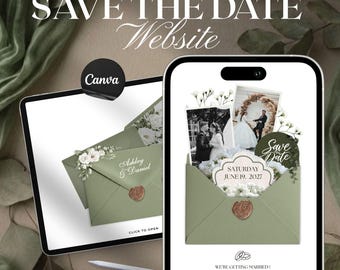 Wedding Save the Date Website with RSVP, Sage green & Cocoa rose Editable Canva Template, Digital Invite