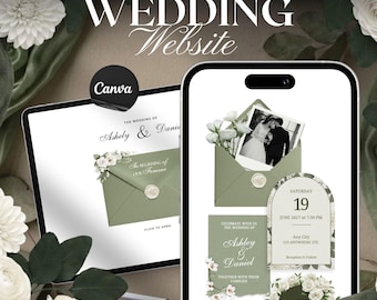 Peut inclure: Maquette de site web de mariage numérique affichée sur une tablette et un smartphone. Le design présente un code couleur vert et blanc avec des accents floraux. Le texte comprend "WEDDING Website", "Ashely & Daniel", et "The Details".