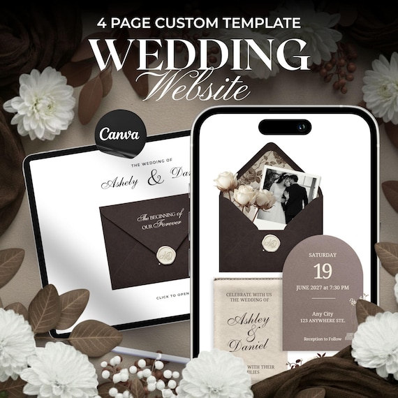 Digital Wedding invitation Website Template with RSVP, Cocoa Brown & Mocha, Editable Canva template,  Digital Download