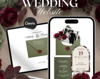 Peut inclure: Modèle de site web de mariage numérique affiché sur une tablette et un smartphone. Le design présente une palette de couleurs vert olive avec des accents bordeaux, notamment des éléments floraux et une photo. Le texte comprend "Wedding Website", "Ashley & Daniel" et les détails du mariage.