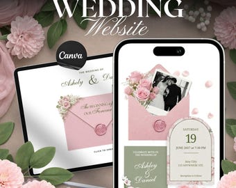 Peut inclure: Modèle de site web de mariage affiché sur une tablette et un smartphone. Le design présente une palette de couleurs rose et blanche avec des accents floraux. Le texte sur le modèle comprend les mots "Wedding Website", "Ashely & Da", et "Juin 2027".