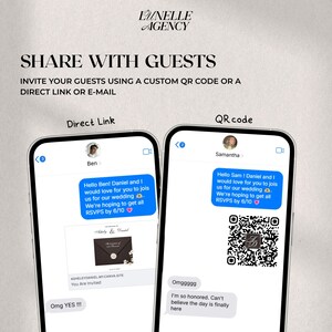 Peut inclure: Image promotionnelle pour des invitations de mariage. Le texte indique "PARTAGEZ AVEC VOS INVIT&Eacute;S" et "INVITEZ VOS INVIT&Eacute;S &Agrave; L'AIDE D'UN CODE QR PERSONNALIS&Eacute; OU D'UN LIEN DIRECT OU D'UN E-MAIL." Deux t&eacute;l&eacute;phones affichent des messages d'invitation de mariage, l'un avec un lien direct et l'autre avec un code QR.