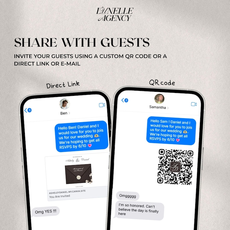 Peut inclure: Image promotionnelle pour des invitations de mariage. Le texte indique "PARTAGEZ AVEC VOS INVIT&Eacute;S" et "INVITEZ VOS INVIT&Eacute;S &Agrave; L'AIDE D'UN CODE QR PERSONNALIS&Eacute; OU D'UN LIEN DIRECT OU D'UN E-MAIL." Deux t&eacute;l&eacute;phones affichent des messages d'invitation de mariage, l'un avec un lien direct et l'autre avec un code QR.