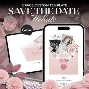 May include: A digital wedding invitation template displayed on a tablet and smartphone. The design features a pink envelope with floral accents, wedding photos, and the text "Save the Date." The Canva logo is visible.
