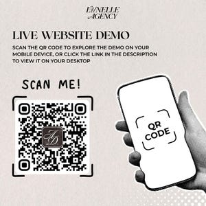 Peut inclure: Graphique promotionnel avec le texte "LIVE WEBSITE DEMO" et "SCAN ME!". Il pr&eacute;sente un code QR et un smartphone avec un graphique "QR CODE". Le logo Lunelle Agency est en haut.