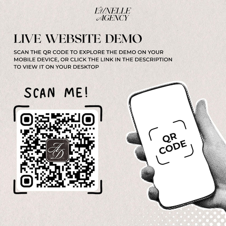Peut inclure: Graphique promotionnel avec le texte "LIVE WEBSITE DEMO" et "SCAN ME!". Il pr&eacute;sente un code QR et un smartphone avec un graphique "QR CODE". Le logo Lunelle Agency est en haut.