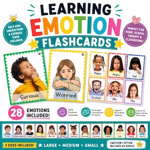 Pode incluir: Um conjunto de 28 cartões de aprendizagem de emoções com fotografias e ilustrações de crianças a expressar vários sentimentos. Os cartões incluem etiquetas como Curious, Worried, Happy, Angry, Sad, Excited, Silly, Shy, Proud e outras.