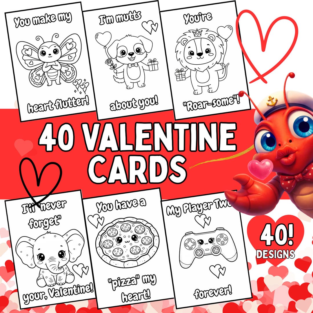 Valentine Coloring Cards for Kids, 36 Cute Punny Designs, Classroom ...
