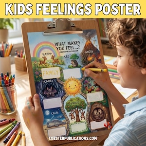 Könnte beinhalten: Ein farbenfrohes "Kids Feelings Poster" auf einem Holz-Klemmbrett. Das Poster zeigt Illustrationen von Emotionen wie glücklich, traurig, wütend und geliebt, mit entsprechenden Bildern. Ein Kind verwendet einen gelben Buntstift, um das Poster auszumalen. Der Text "What Makes You Feel...?" ist sichtbar.