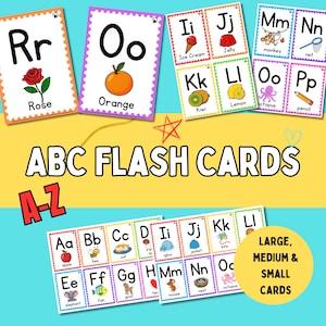 Puede incluir: Tarjetas didácticas del abecedario con ilustraciones de objetos como una rosa, una naranja y un kiwi. Las tarjetas presentan letras mayúsculas y minúsculas, con el texto "ABC FLASH CARDS" y "A-Z". Las tarjetas están disponibles en varios tamaños.