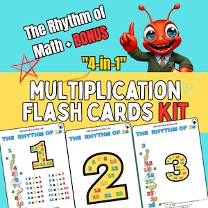 Könnte beinhalten: Multiplikations-Karteikarten-Set mit dem Text "The Rhythm of Math + BONUS" und "4-in-1". Das Set enthält Karteikarten mit den Zahlen 1, 2 und 3, mit Multiplikationsaufgaben. Eine Zeichentrickameise zeigt nach oben.