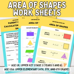 Könnte beinhalten: Lehrblätter zum Thema "Flächeninhalt von Formen" mit geometrischen Formen und Formeln. Die Arbeitsblätter enthalten Beispiele zur Berechnung des Flächeninhalts, mit dem Text "AGE UK: UPPER KEY STAGE 2 (YEARS 5 AND 6)."