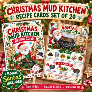 Printable Christmas Mud Kitchen Recipe Set of 20 Cards, Montessori Outdoor Nature Play Kit, Forest School and Homeschool Activity