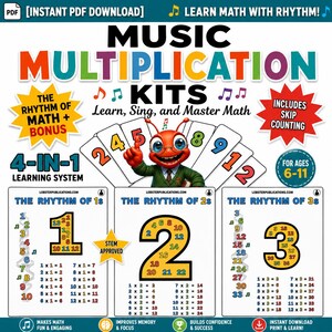 Może przedstawiać: Cyfrowy zestaw edukacyjny zatytułowany Music Multiplication Kits, zawierający postać owada, kolorowe karty z liczbami oraz trzy tabele do druku dla rytmu 1, 2 i 3. Projekt zawiera tekst dla dzieci w wieku 6-11 lat oraz równania matematyczne.