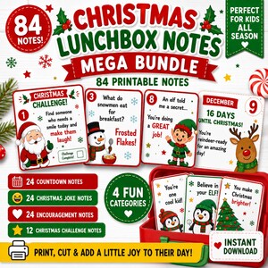 Può includere: Un pacchetto digitale di 84 biglietti natalizi stampabili per il portapranzo con illustrazioni festive di Babbo Natale, pupazzi di neve, elfi e renne. Il set include conti alla rovescia, barzellette, incoraggiamenti e sfide.
