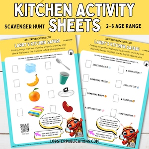 Kitchen Sensory Scavenger Hunt, Toddler Science Activity, Larry’s Safari, Preschool Texture Match, Montessori Food Game, Screen Free learn